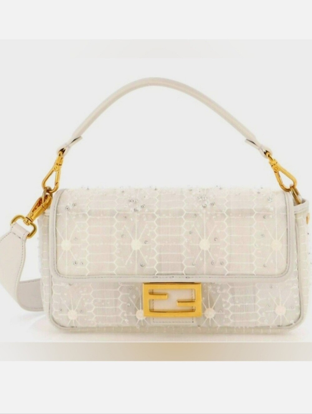 Fendi White Tulle Embroidered Crystal Medium Baguette